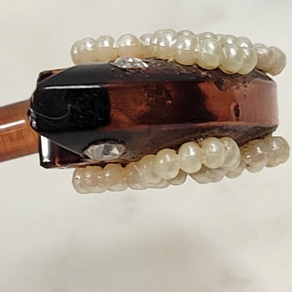 Vintage Bakelite Hair Stick 6" Brown Rhinestones Pearls - Picture 4 of 12